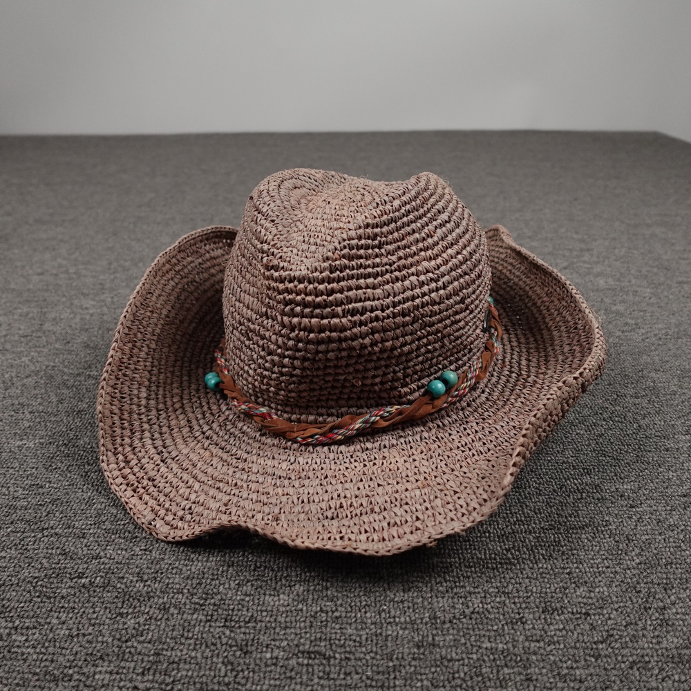 Wallaroo Hat Cowboy Womens One Size Brown Raffia Beaded Catalina Western Sun